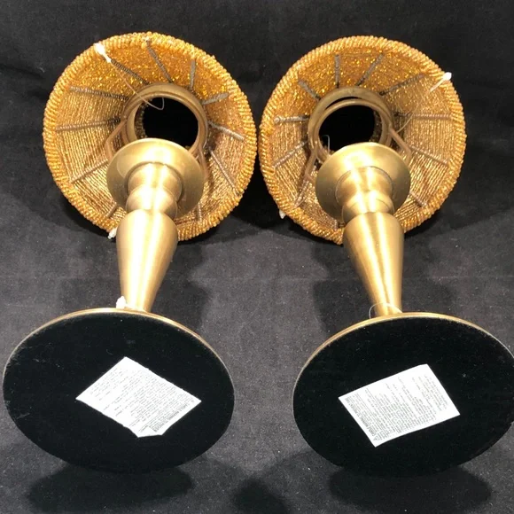 Set of 2 GOLD-TONED TEA-LIGHT CANDLE LAMPS with GOLD COLORED BEADED LAMPSHADES - Picture 5 of 16